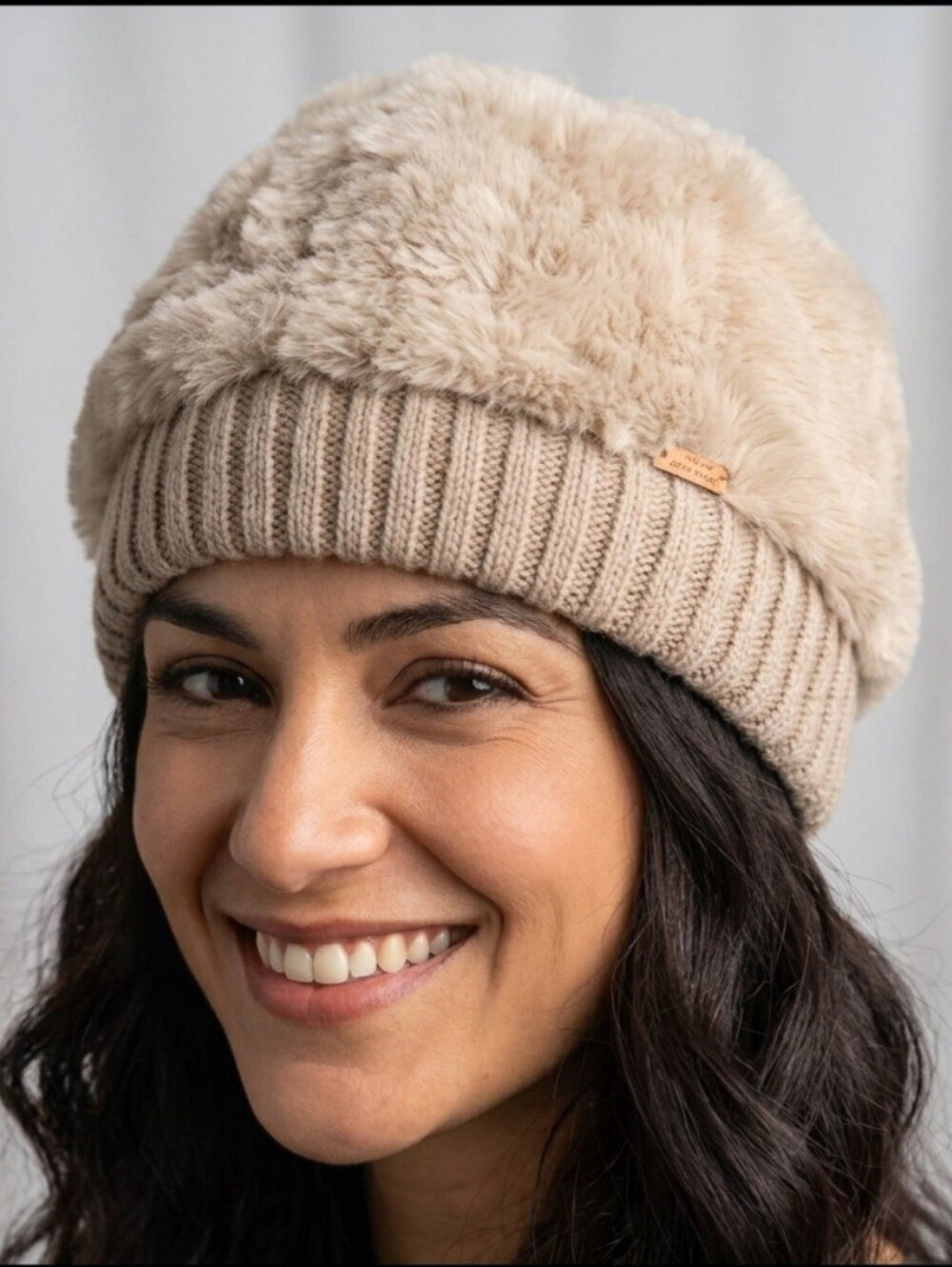 Free People Beige Faux Fur Knit Beanie One Size
